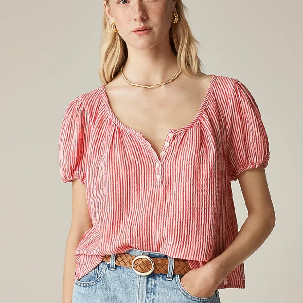 J. Crew Puff-sleeve henley in striped gauze - Size Medium in Electric Red color